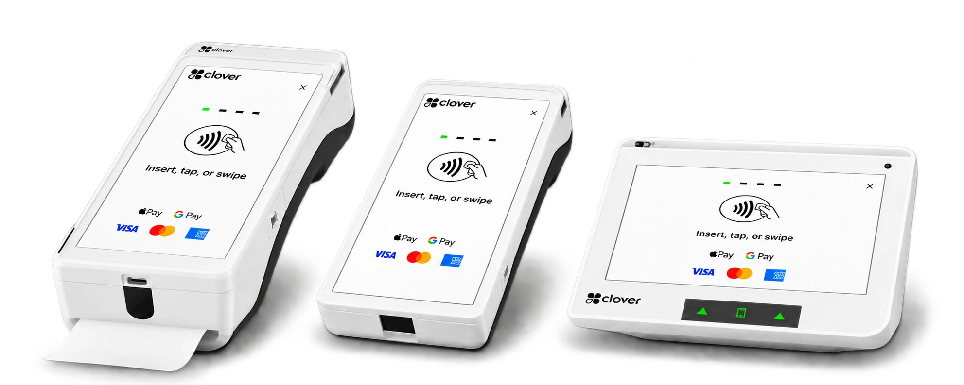 Clover Flex, Flex Pocket and Mini payment terminals side by side