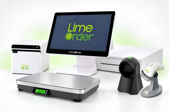 White LimeOrder POS system with printer, cash drawer, integrated scale, 8800 scanner and white handheld scanner